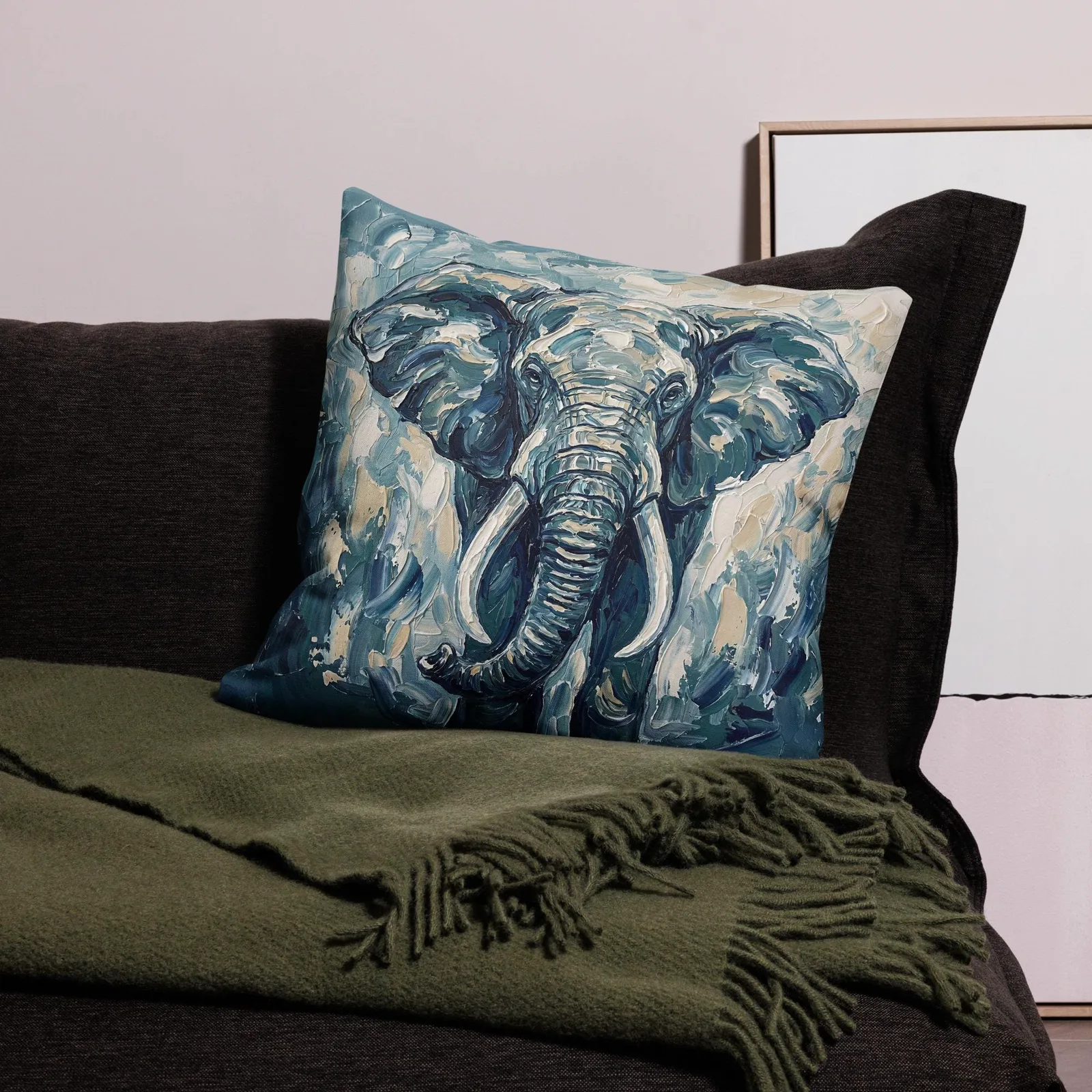 Elephant Throw Pillow: Impasto Animal Art Cushion, photo 3