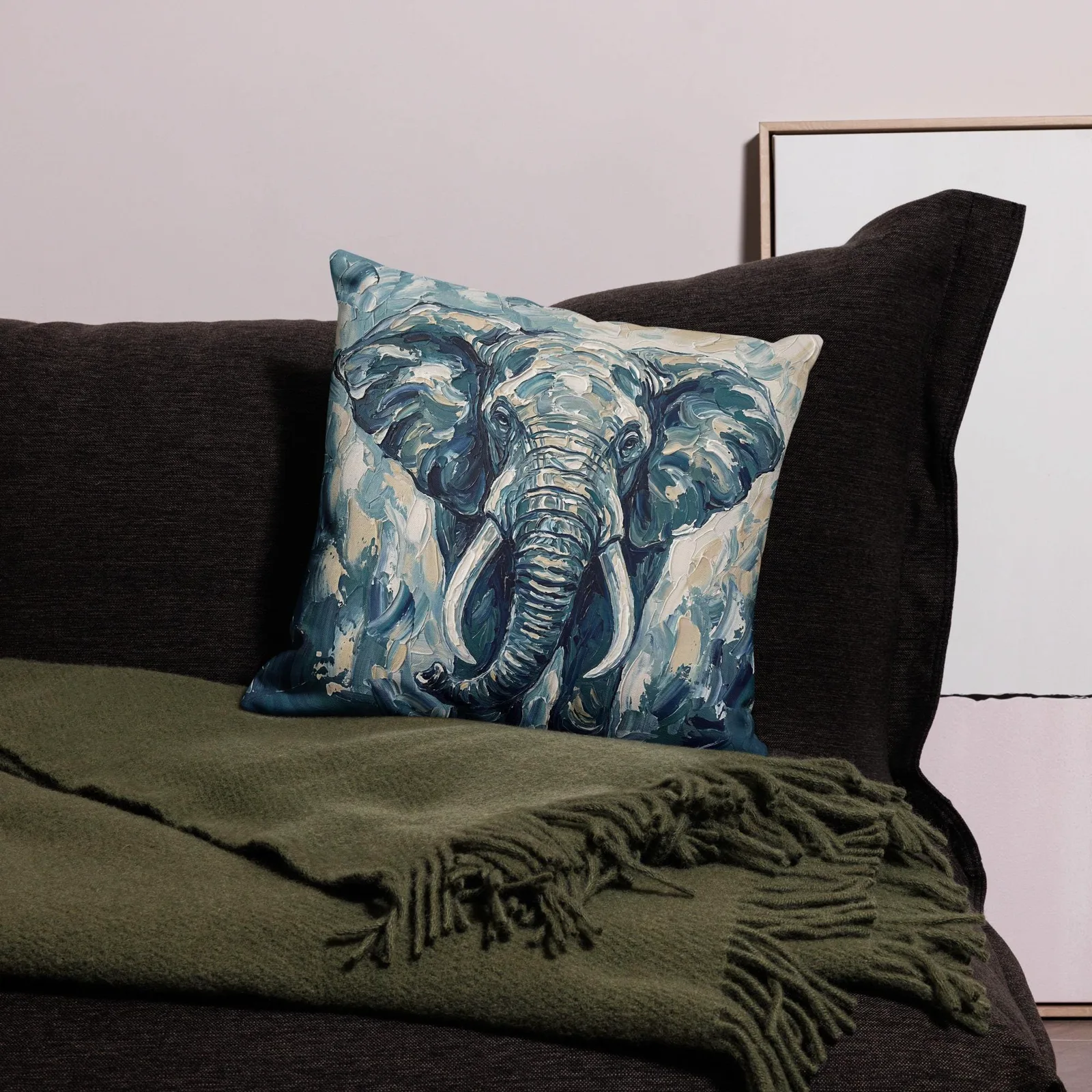 Elephant Throw Pillow: Impasto Animal Art Cushion, photo 2