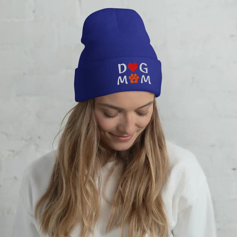 Embroidered Dog Mom Cuffed Beanie: Cozy Knit Hat for Dog Lovers