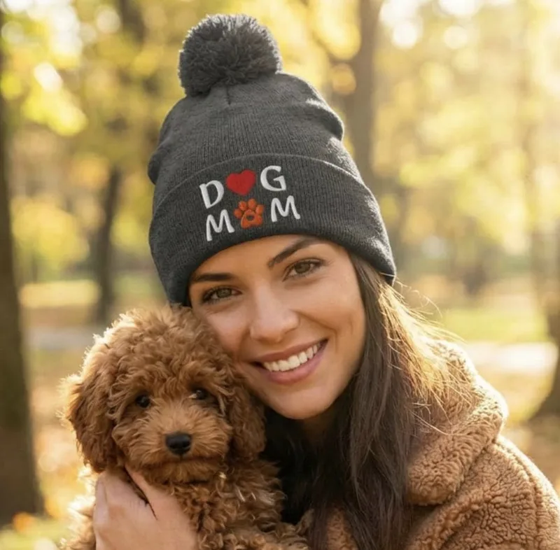 Embroidered Dog Mom Pom-Pom Beanie: Cozy Winter Hat for Dog Lovers