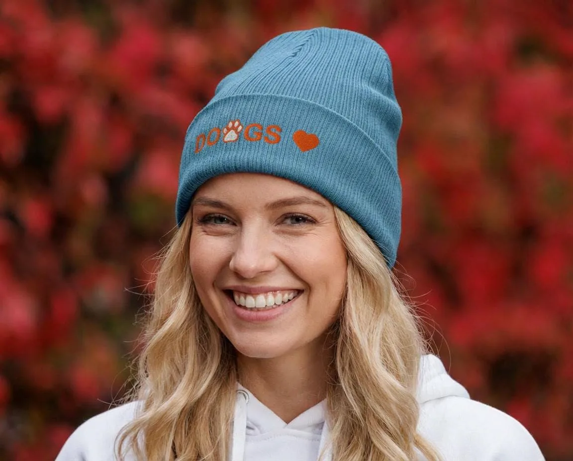 Embroidered Organic Cotton Ribbed Beanie: Eco-Friendly Cuffed Hat for Dog Lovers
