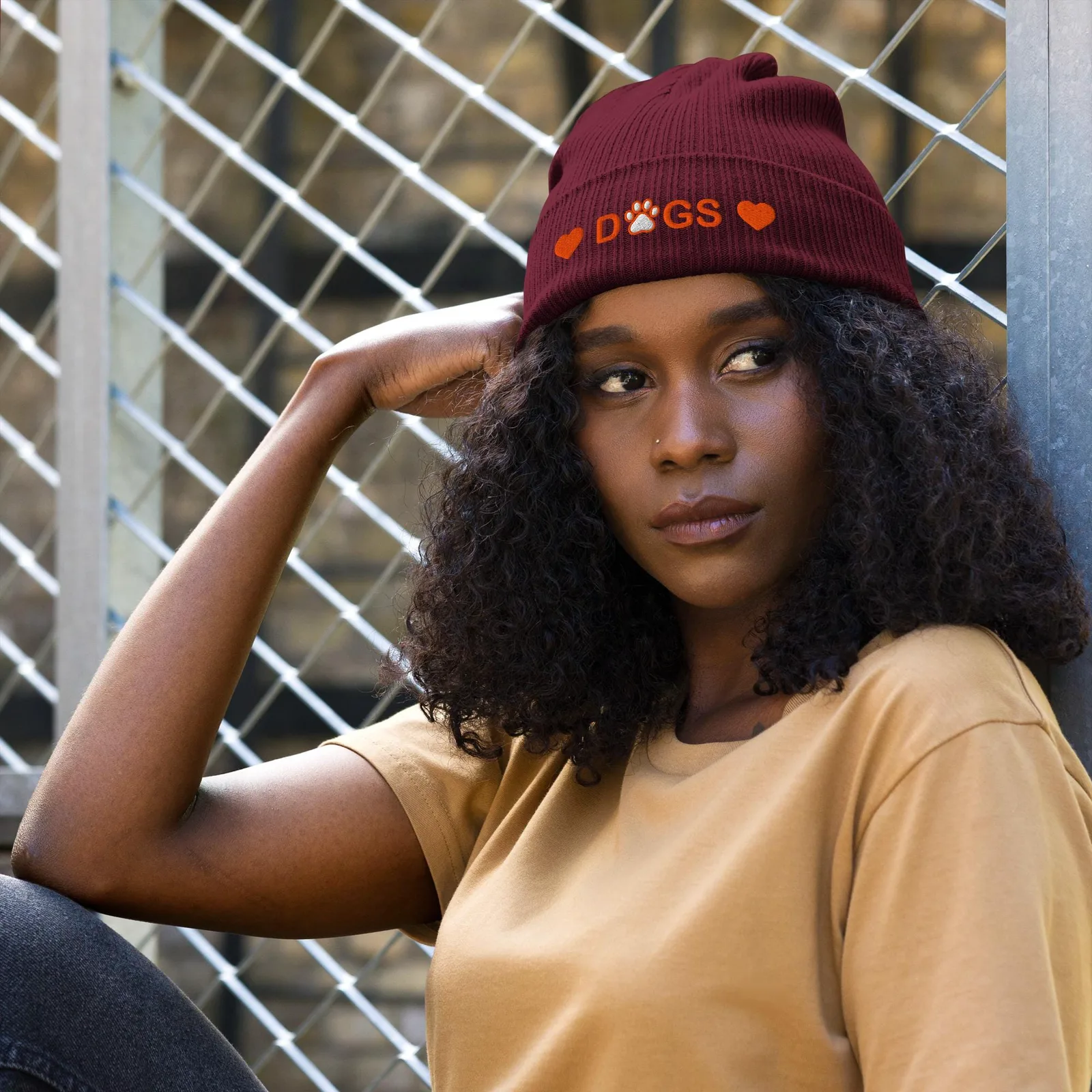 Embroidered Organic Cotton Ribbed Beanie: Eco-Friendly Cuffed Hat for Dog Lovers, photo 4