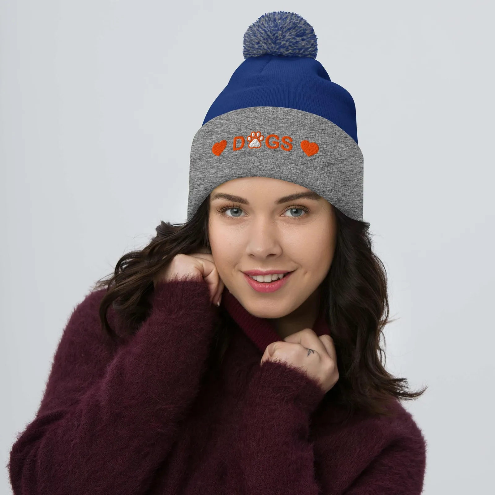 Embroidered Pom-Pom Beanie: Cozy Winter Hat for Dog Lovers