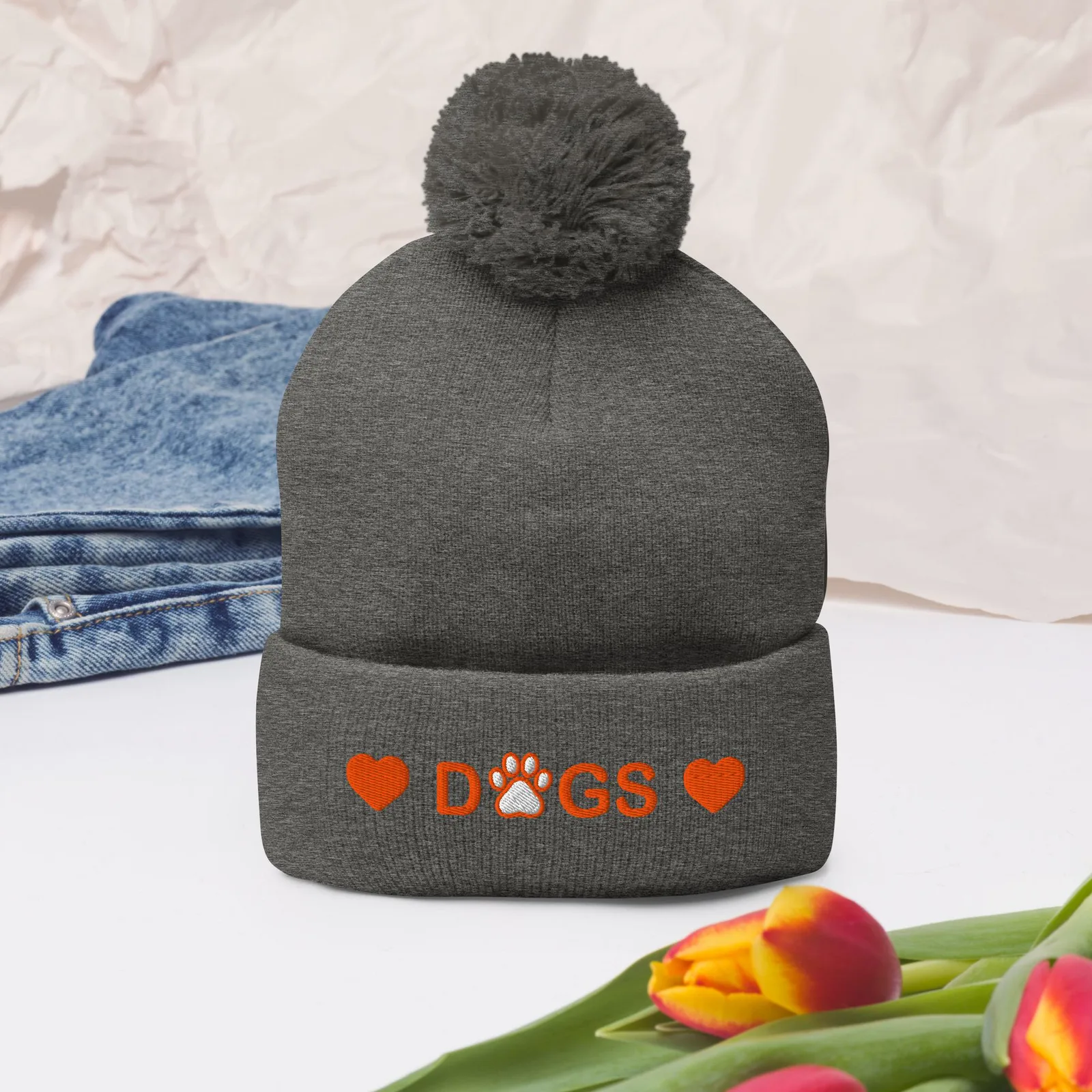 Embroidered Pom-Pom Beanie: Cozy Winter Hat for Dog Lovers, photo 4