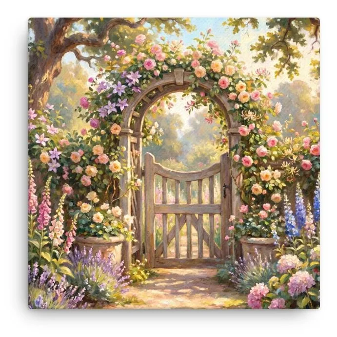 English Garden Gate Thin Canvas: Rose Arch Cottagecore Wall Art