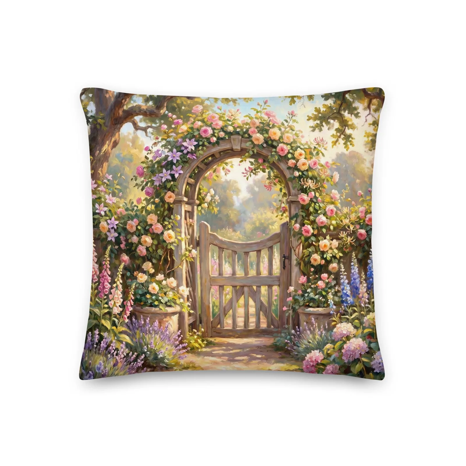 English Rose Garden Throw Pillow: Pastel Floral Decor Cushion