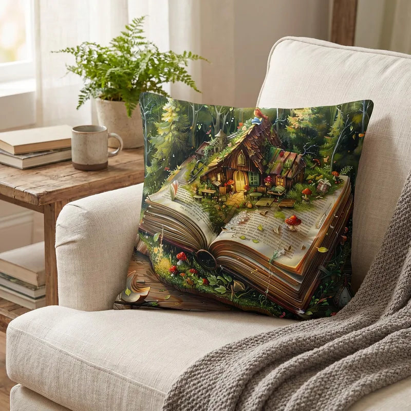 Fairy Tale Book Cottage Throw Pillow: Whimsical Storybook Decor Cushion
