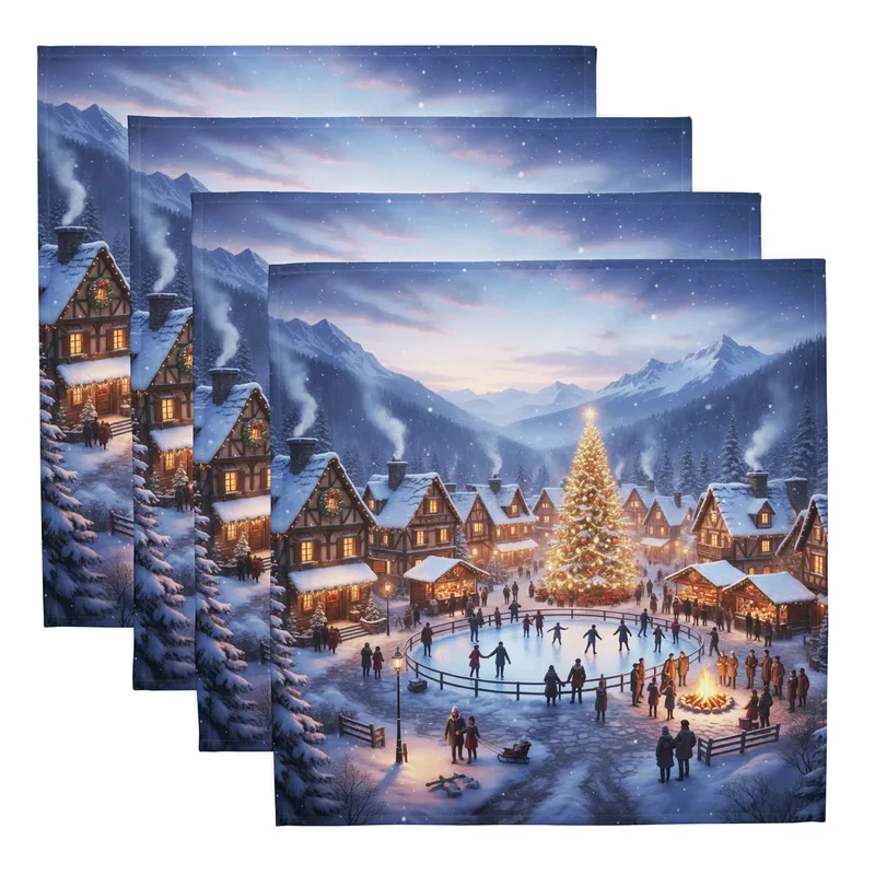 Festive Winter Village Cloth Napkin Set of 4: Christmas Dinner Table Decor