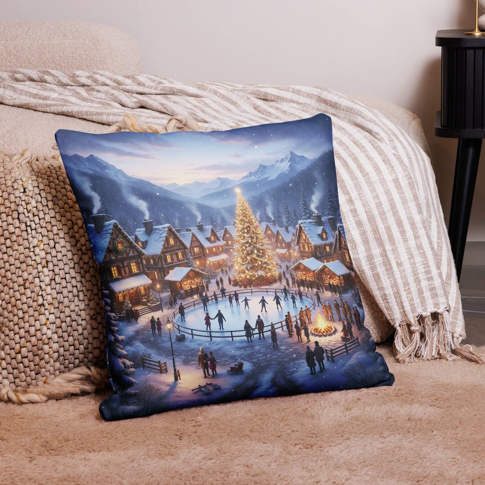 Festive Winter Village Pillow Cover: Christmas Holiday Decor