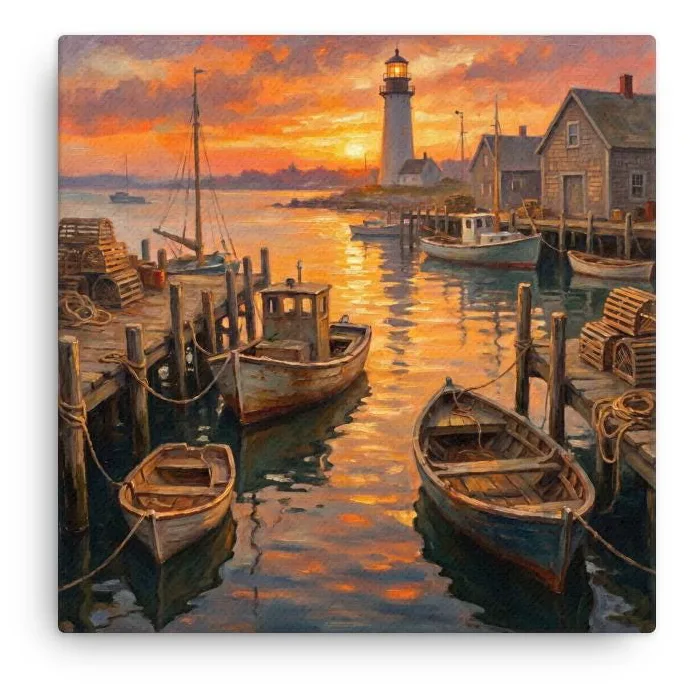 Fishermen Village Thin Canvas: Coastal Harbor Sunset Decor Wall Art