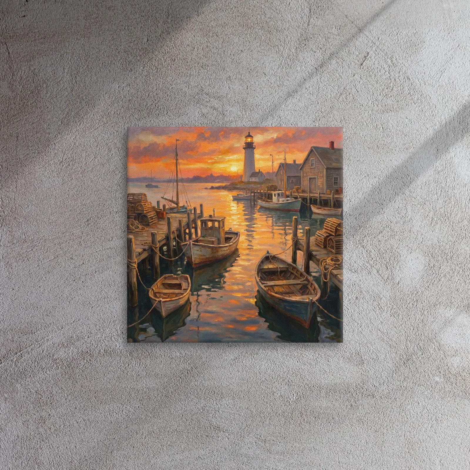 Fishermen Village Thin Canvas: Coastal Harbor Sunset Decor Wall Art, photo 3