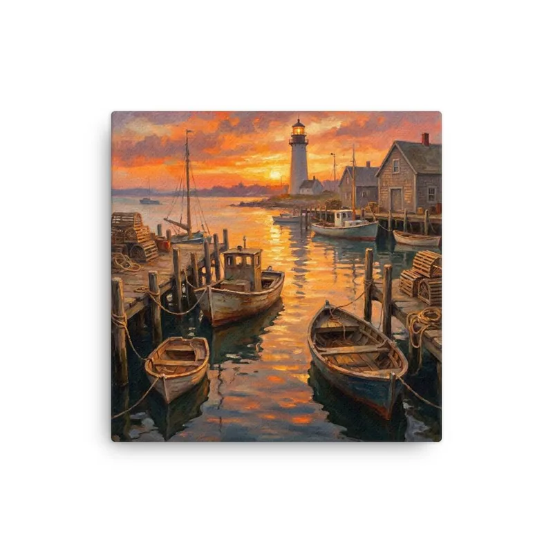 Fishermen Village Thin Canvas: Coastal Harbor Sunset Decor Wall Art