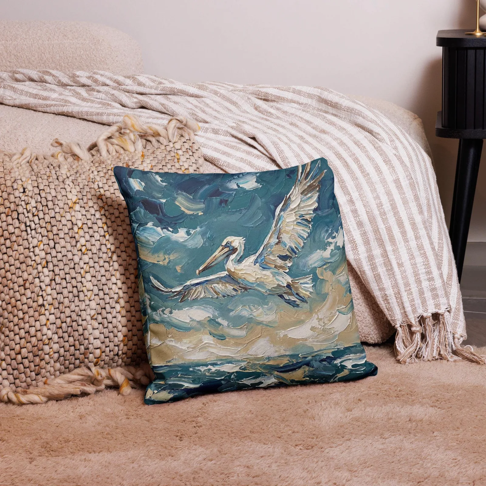 Flying Pelican Throw Pillow: Impasto Coastal Cushion, photo 6