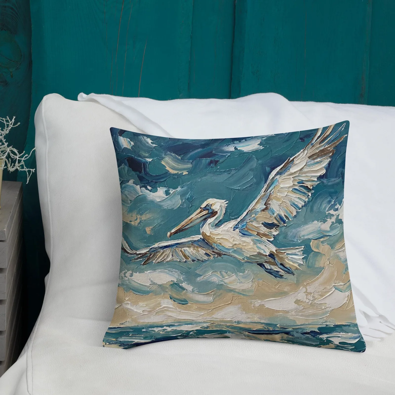 Flying Pelican Throw Pillow: Impasto Coastal Cushion, photo 5