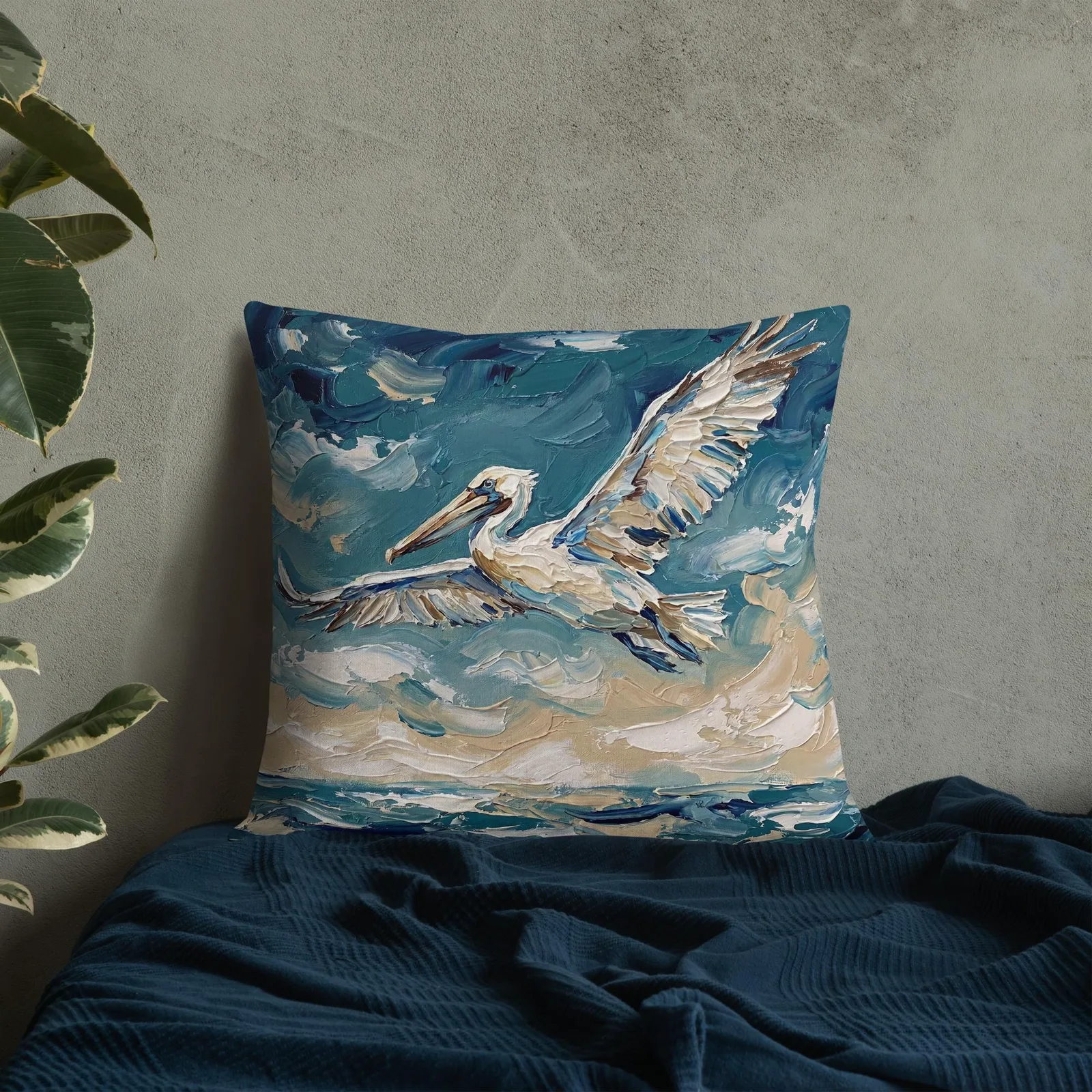Flying Pelican Throw Pillow: Impasto Coastal Cushion, photo 2