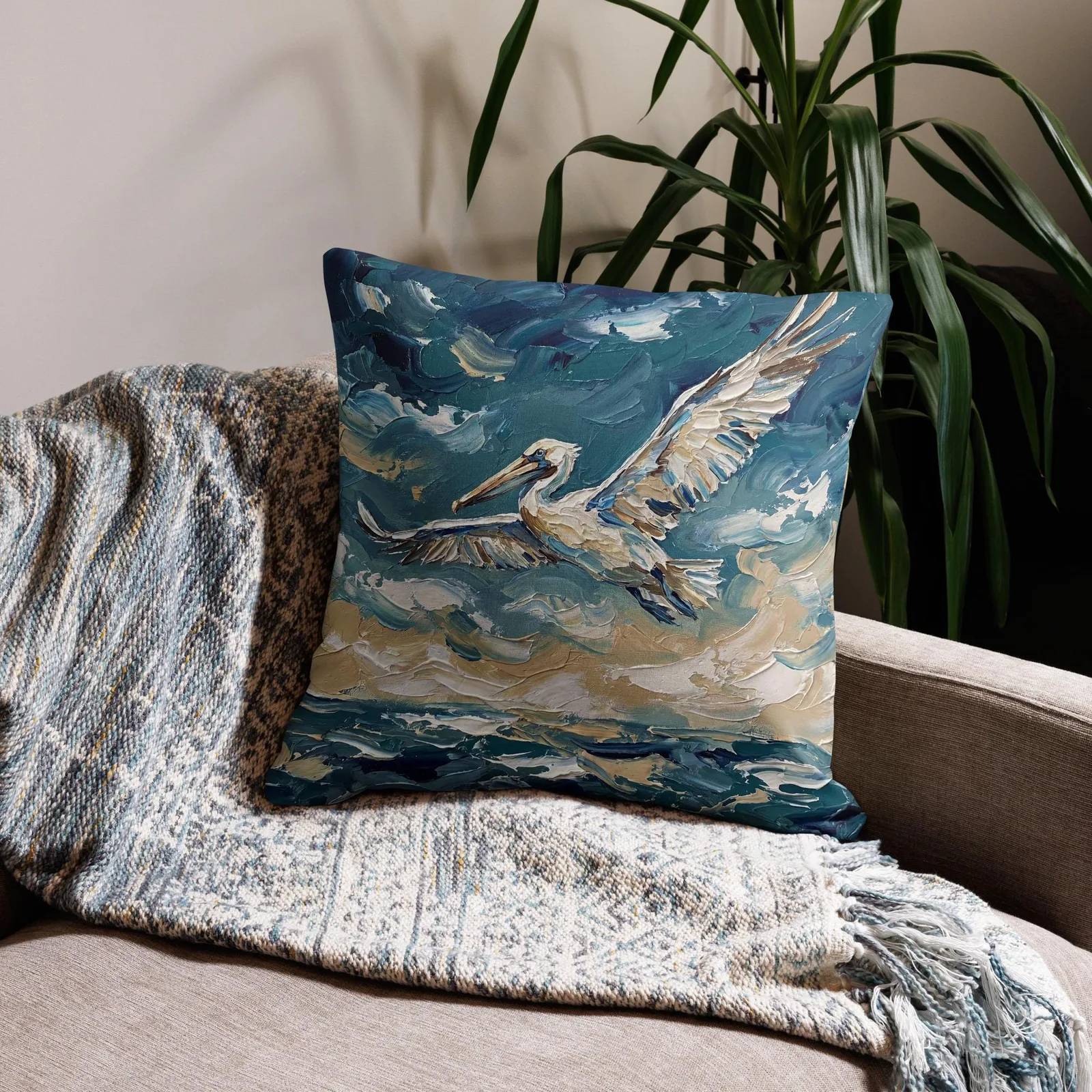 Flying Pelican Throw Pillow: Impasto Coastal Cushion, photo 10