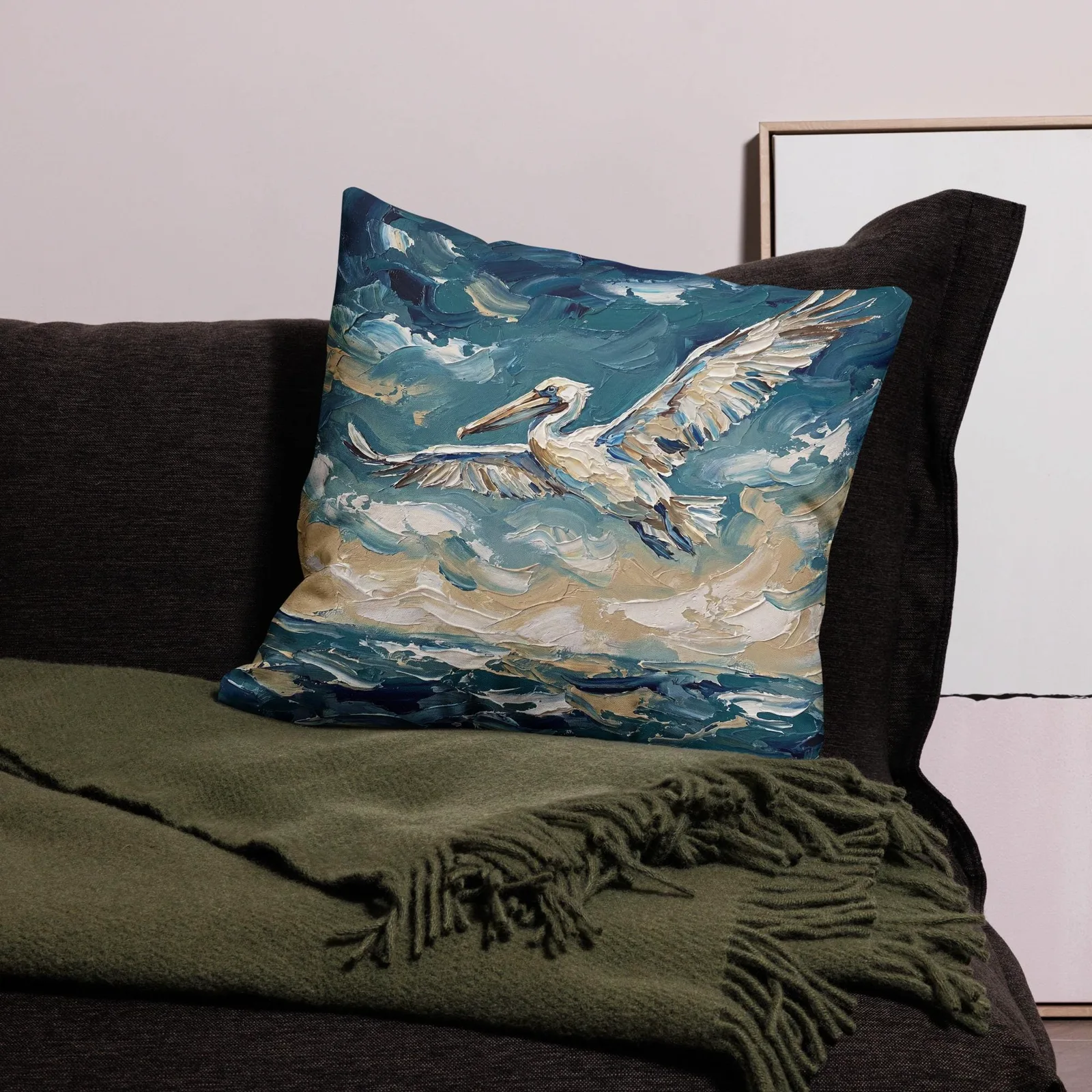 Flying Pelican Throw Pillow: Impasto Coastal Cushion, photo 9