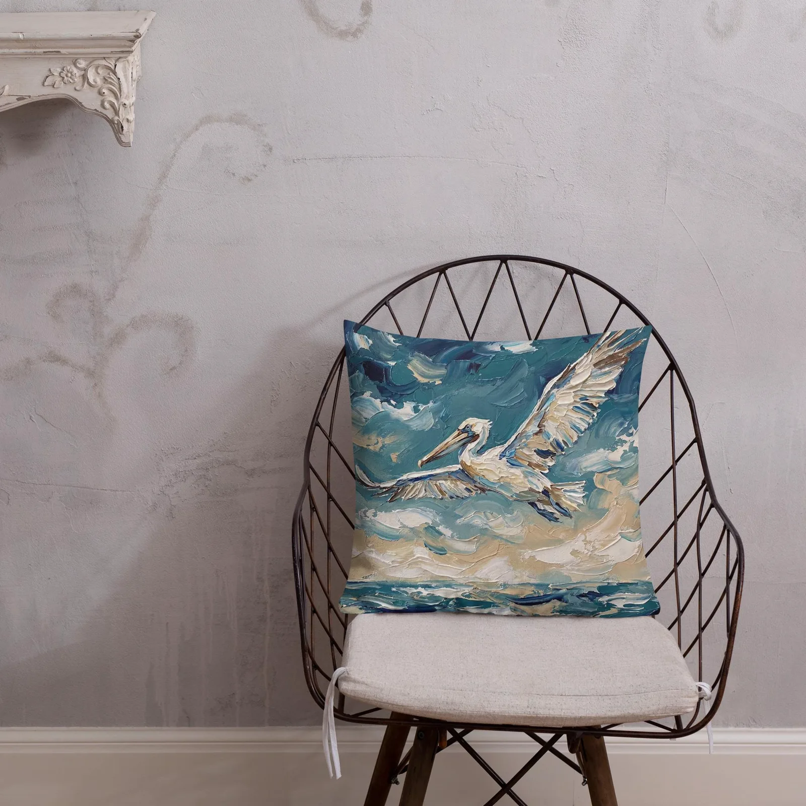 Flying Pelican Throw Pillow: Impasto Coastal Cushion, photo 3