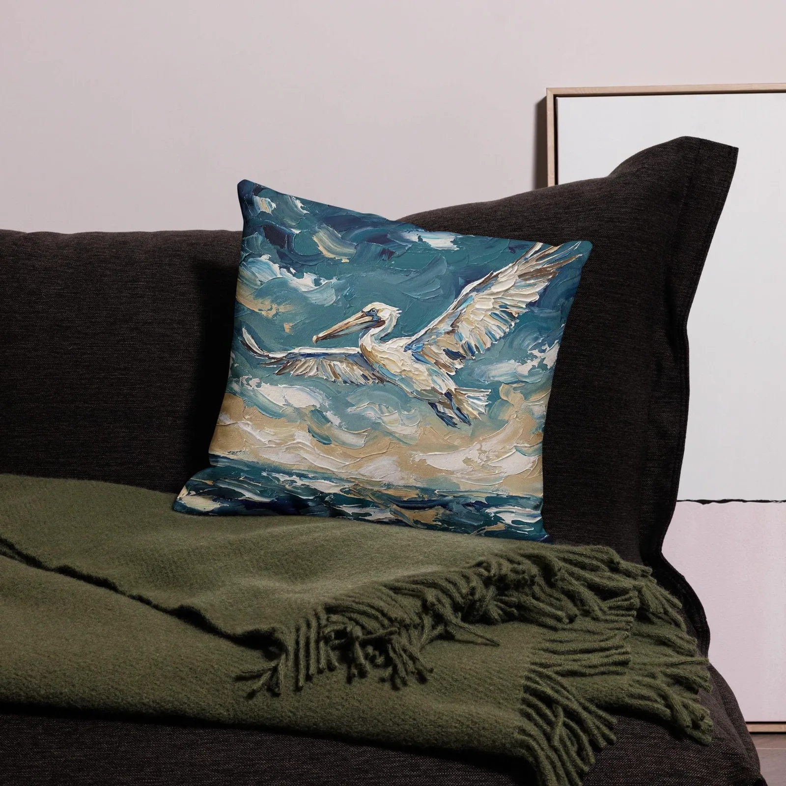 Flying Pelican Throw Pillow: Impasto Coastal Cushion, photo 8