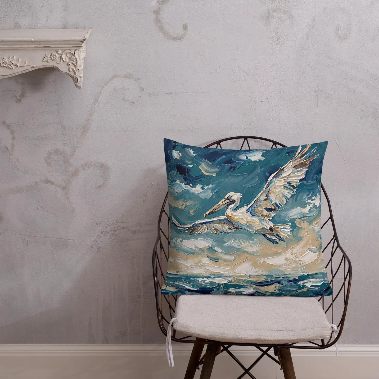 Flying Pelican Throw Pillow: Impasto Coastal Cushion, photo 4