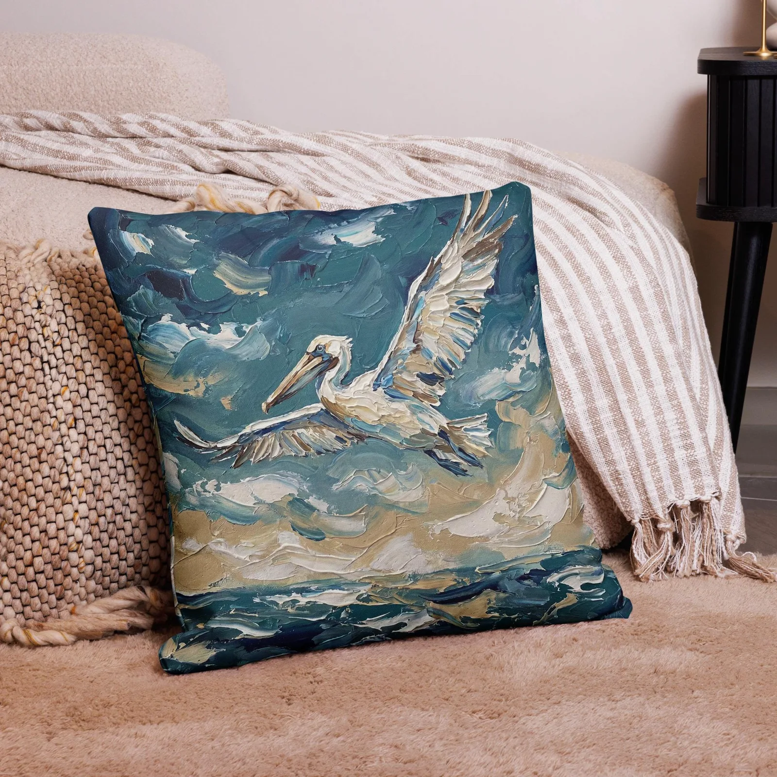 Flying Pelican Throw Pillow: Impasto Coastal Cushion, photo 7