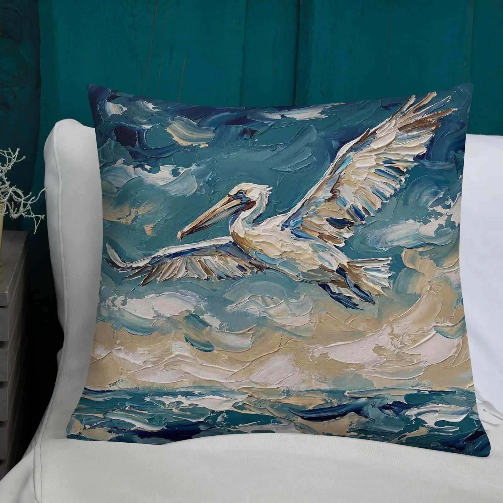 Flying Pelican Throw Pillow: Impasto Coastal Cushion