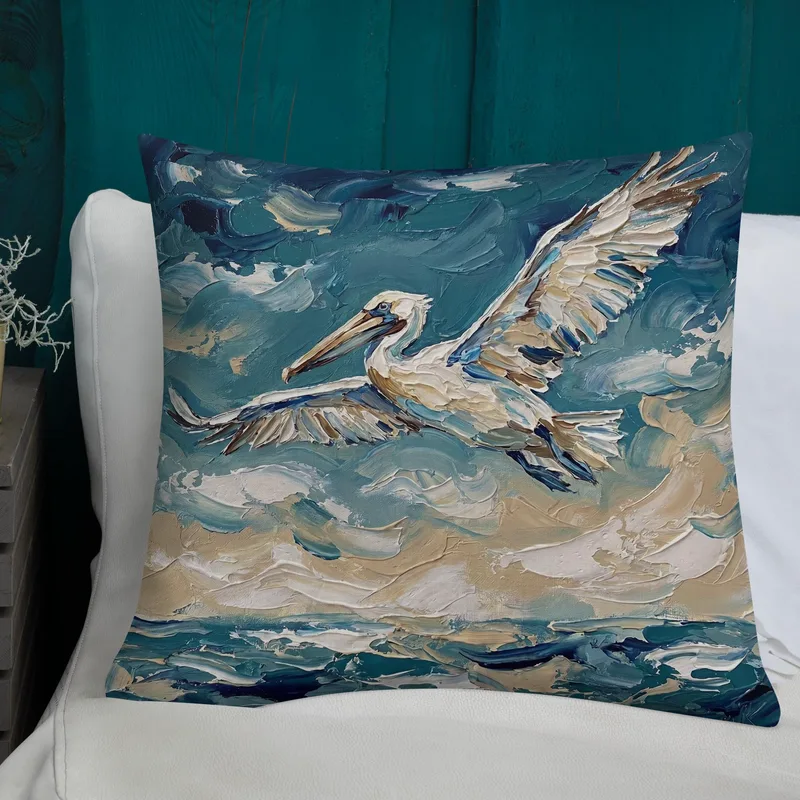 Flying Pelican Throw Pillow: Impasto Coastal Cushion