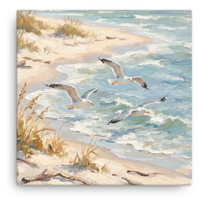 Flying Seagulls Thin Canvas: Coastal Beach Decor Wall Art