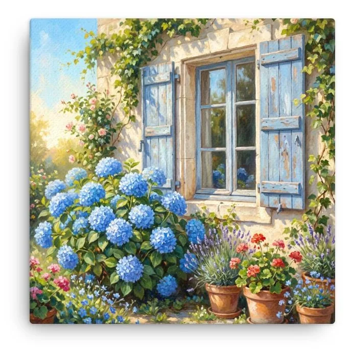 French Cottage Thin Canvas: Blue Hydrangea Floral Wall Art