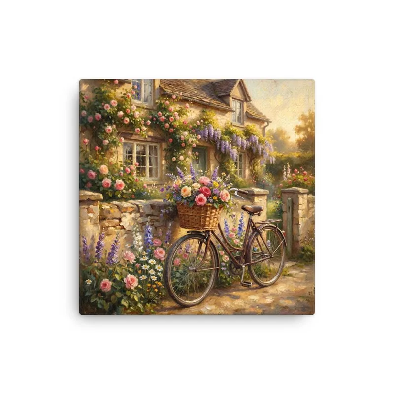 French Country Bicycle Thin Canvas: Vintage Floral Cottage Garden Wall Art