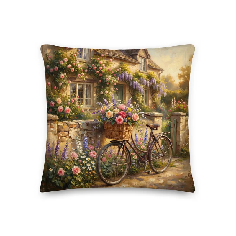 French Country Bicycle Throw Pillow: Summer Cottage Decor Cushion