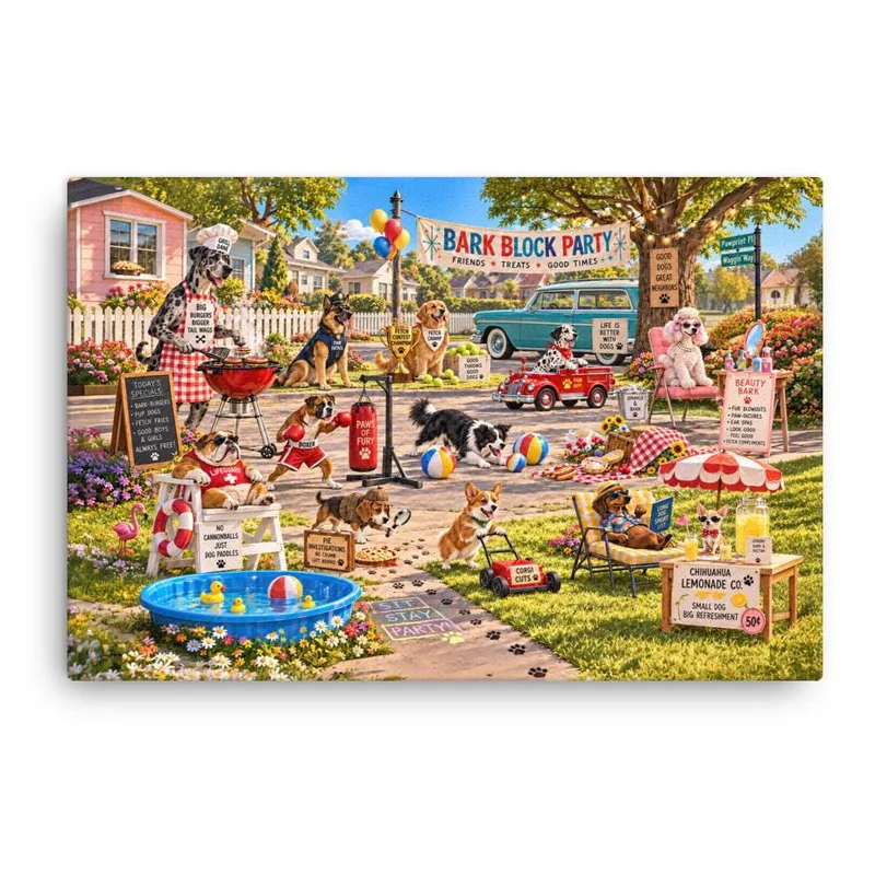 Funny Dog Block Party Thin Canvas: Dog Lover Home Decor Wall Art