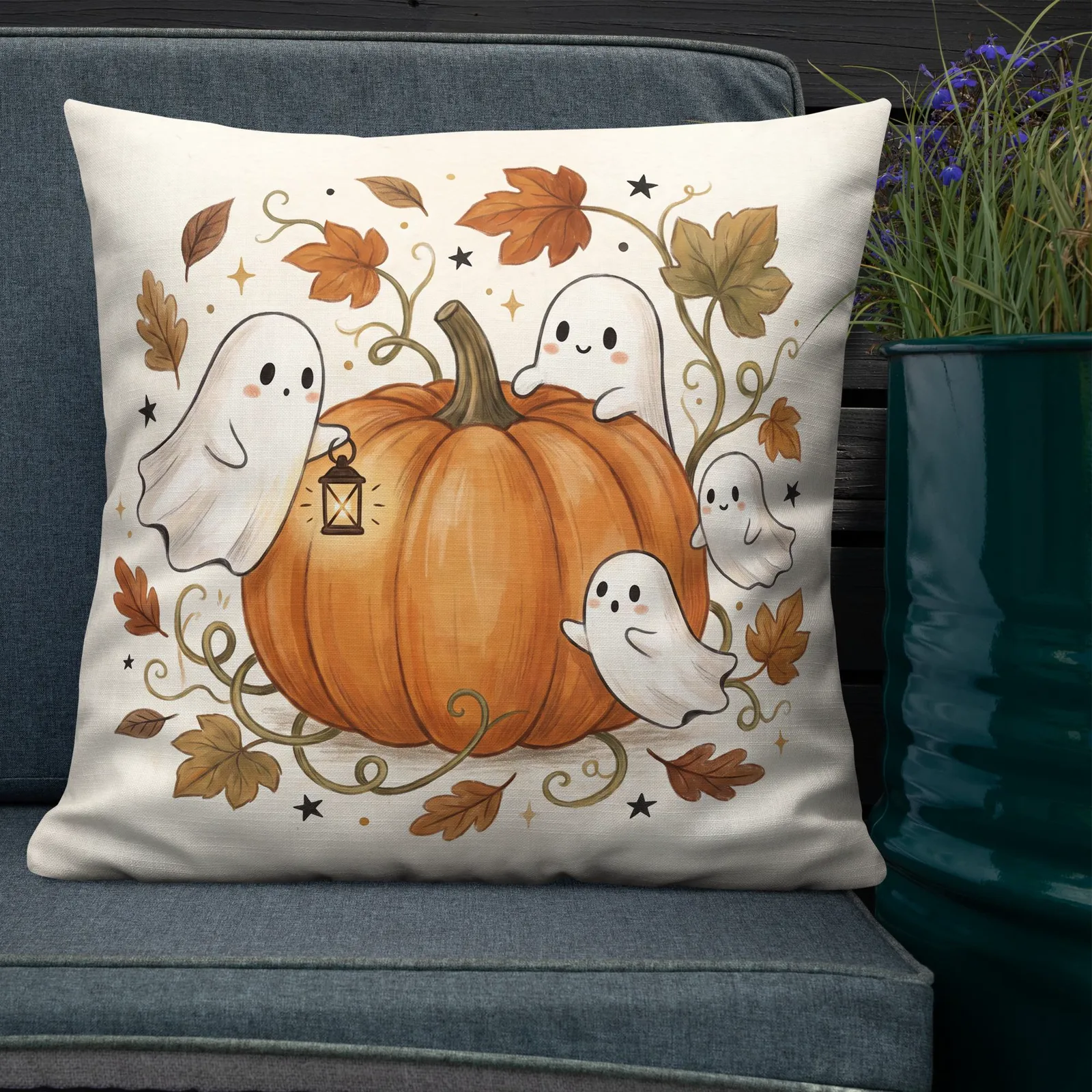 Ghosts & Pumpkin Throw Pillow: Halloween Fall Decor Cushion, photo 2