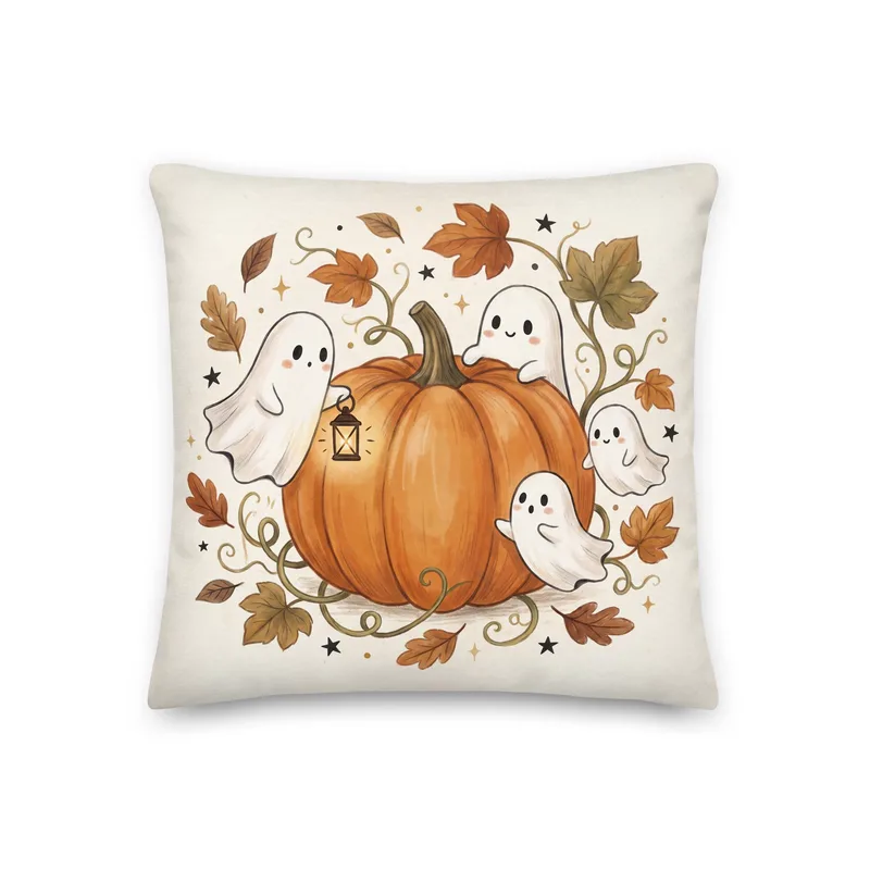 Ghosts & Pumpkin Throw Pillow: Halloween Fall Decor Cushion