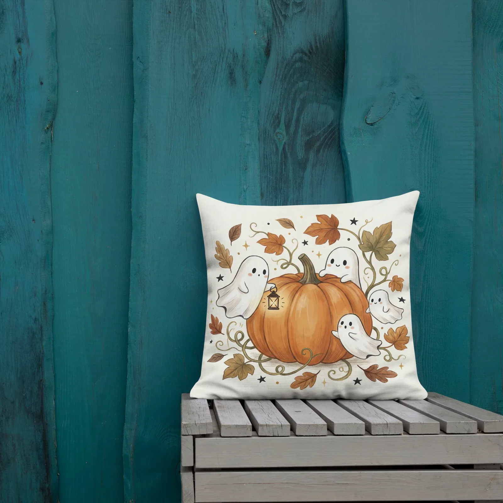 Ghosts & Pumpkin Throw Pillow: Halloween Fall Decor Cushion, photo 5