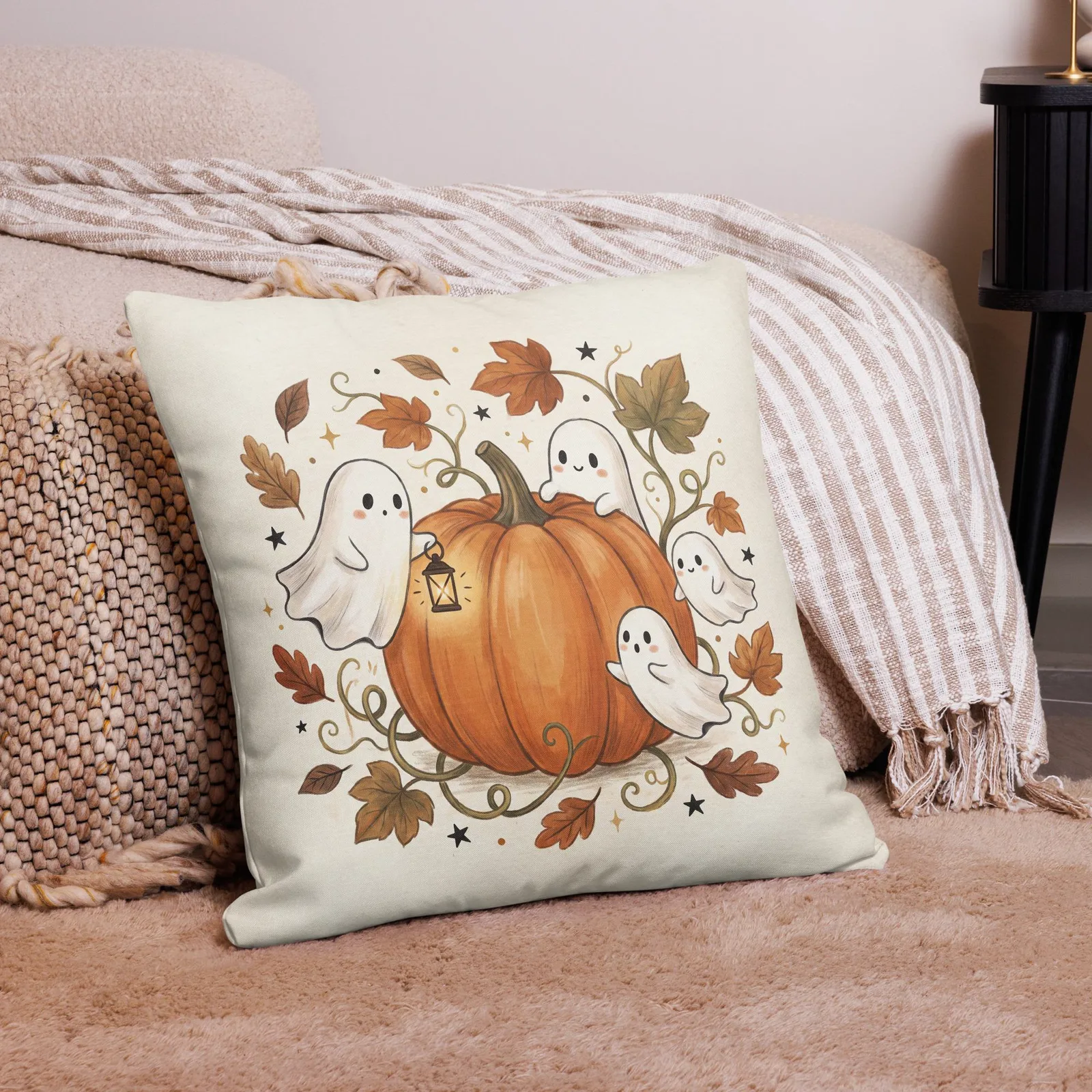 Ghosts & Pumpkin Throw Pillow: Halloween Fall Decor Cushion, photo 7