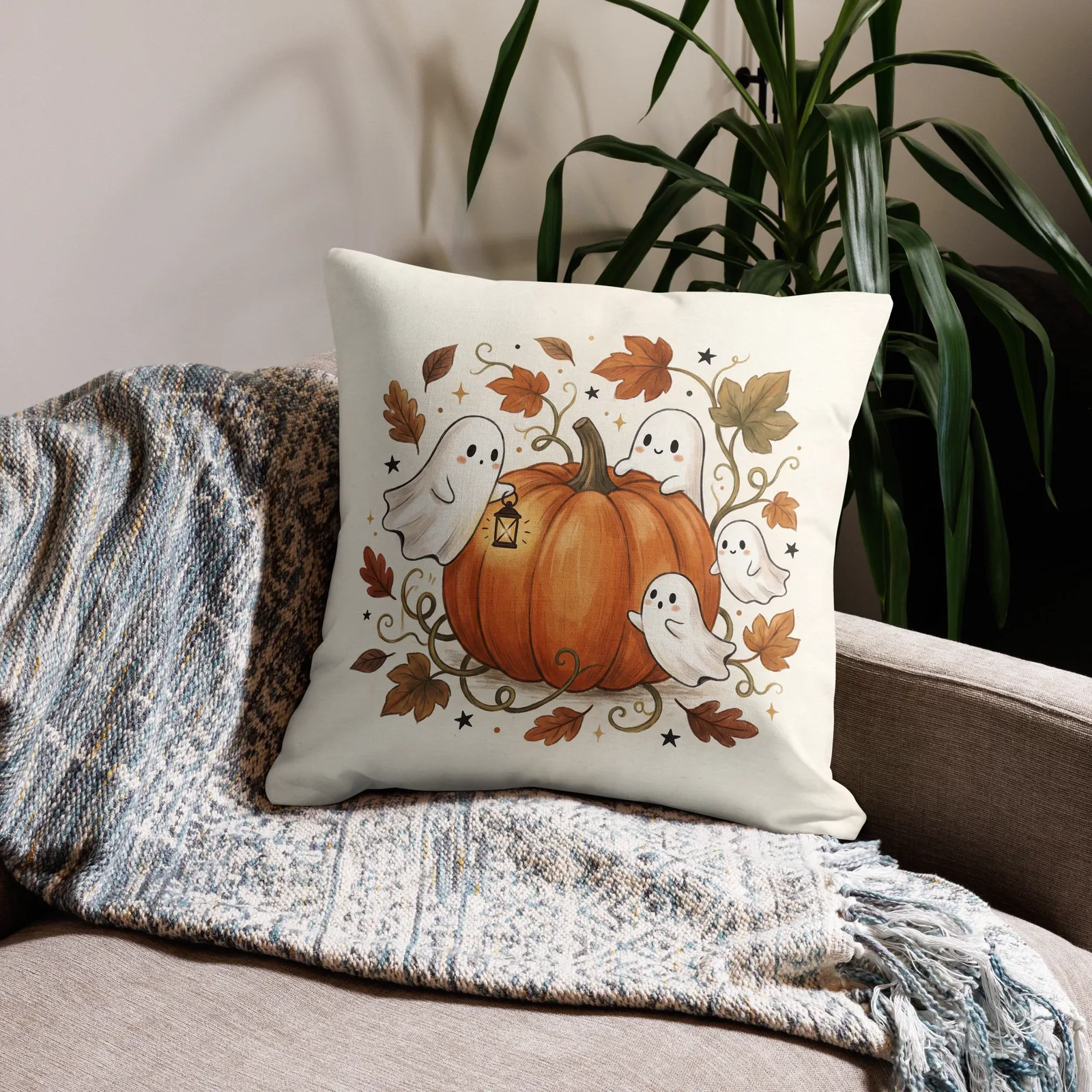 Ghosts & Pumpkin Throw Pillow: Halloween Fall Decor Cushion, photo 10