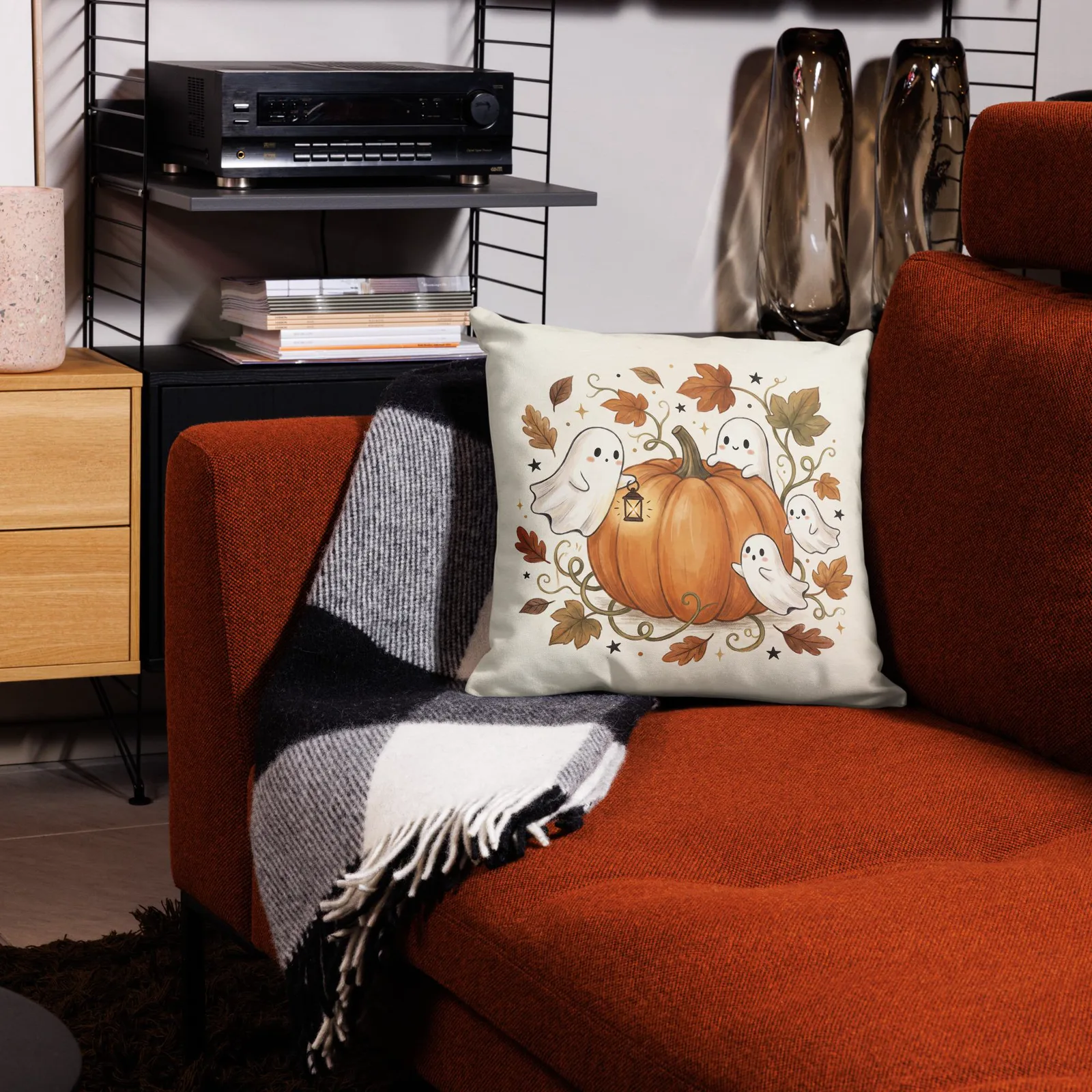 Ghosts & Pumpkin Throw Pillow: Halloween Fall Decor Cushion, photo 8