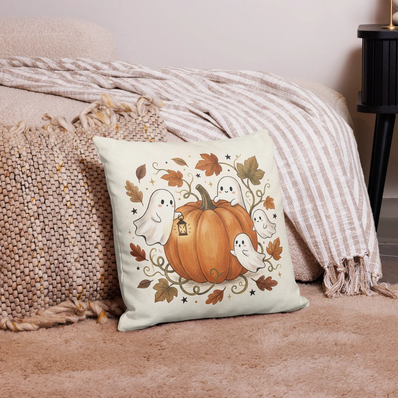 Ghosts & Pumpkin Throw Pillow: Halloween Fall Decor Cushion, photo 6