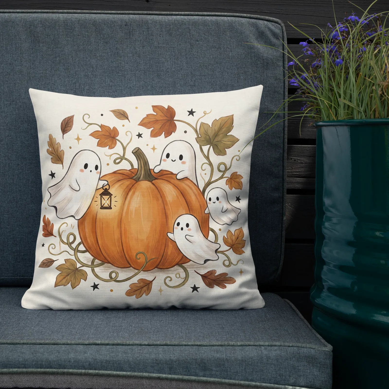 Ghosts & Pumpkin Throw Pillow: Halloween Fall Decor Cushion, photo 3