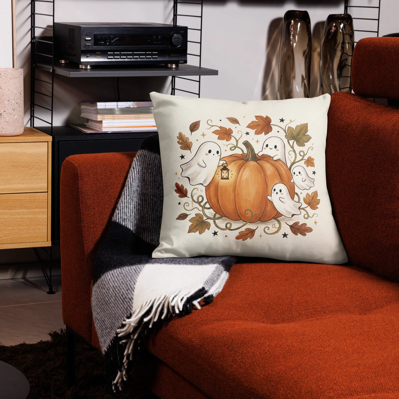 Ghosts & Pumpkin Throw Pillow: Halloween Fall Decor Cushion, photo 9