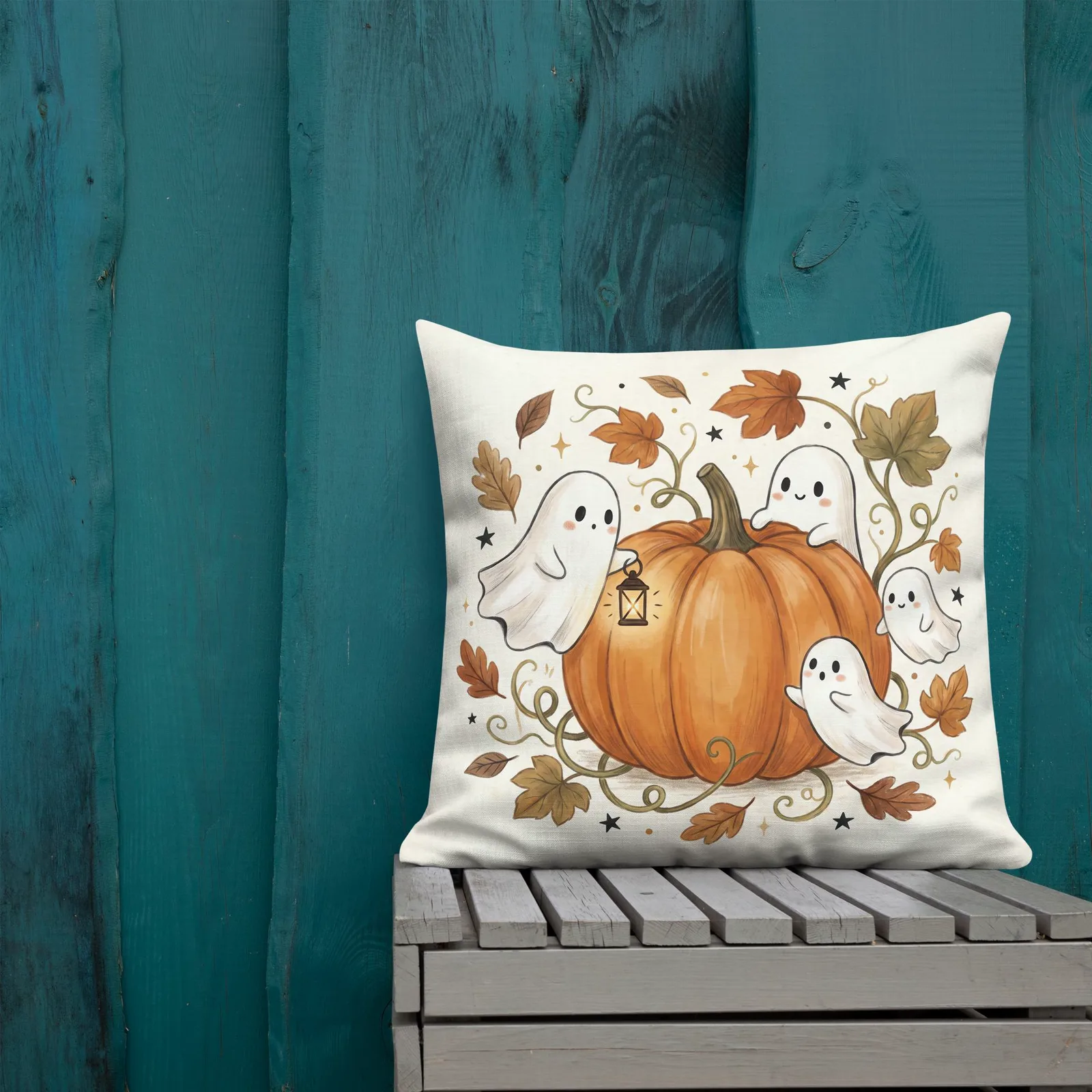 Ghosts & Pumpkin Throw Pillow: Halloween Fall Decor Cushion, photo 4