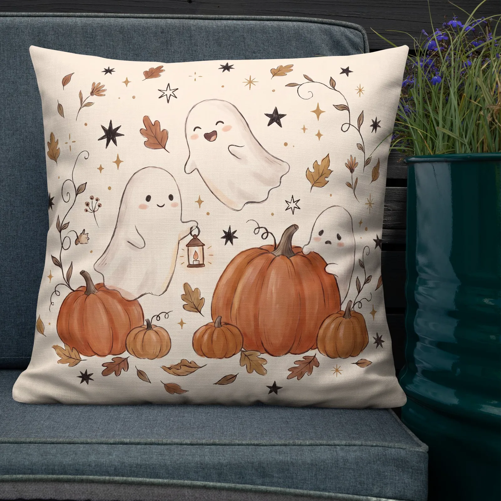Ghosts & Pumpkins Throw Pillow: Halloween Fall Decor Cushion, photo 3