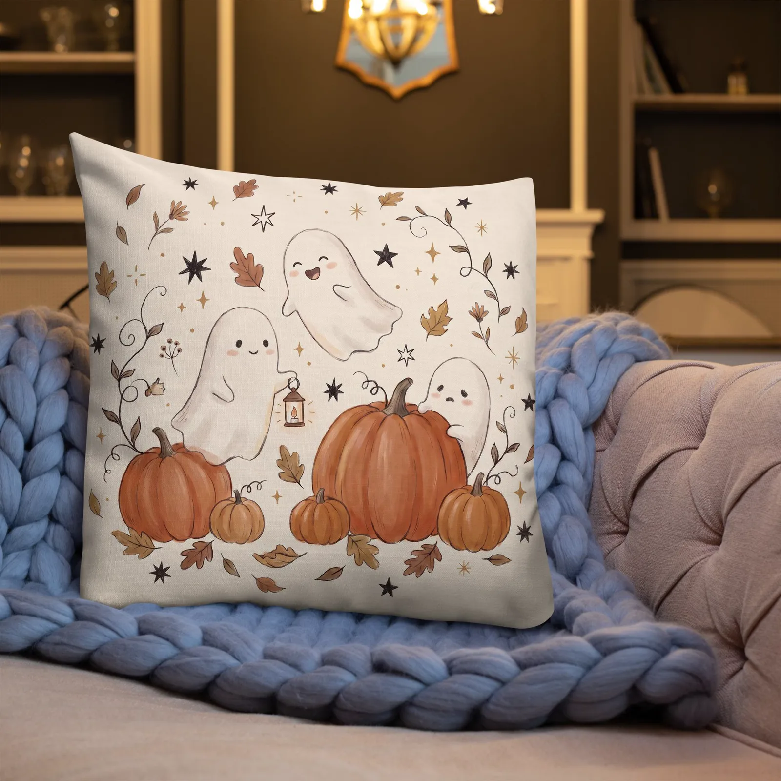 Ghosts & Pumpkins Throw Pillow: Halloween Fall Decor Cushion, photo 7