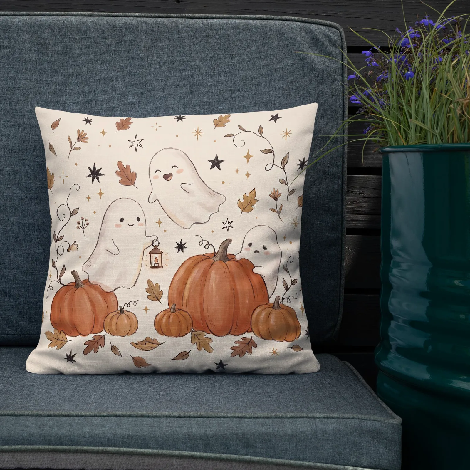 Ghosts & Pumpkins Throw Pillow: Halloween Fall Decor Cushion, photo 2