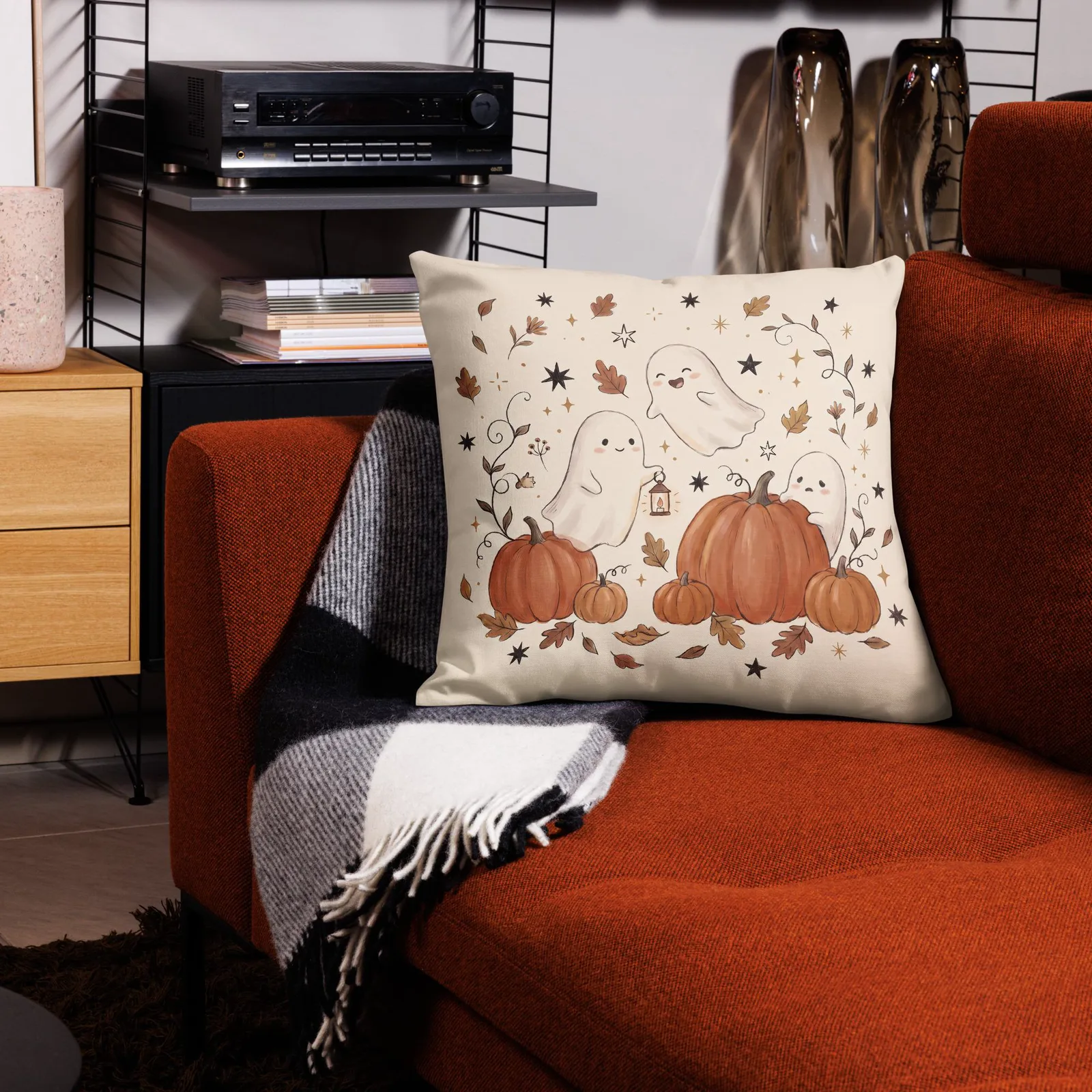 Ghosts & Pumpkins Throw Pillow: Halloween Fall Decor Cushion, photo 9