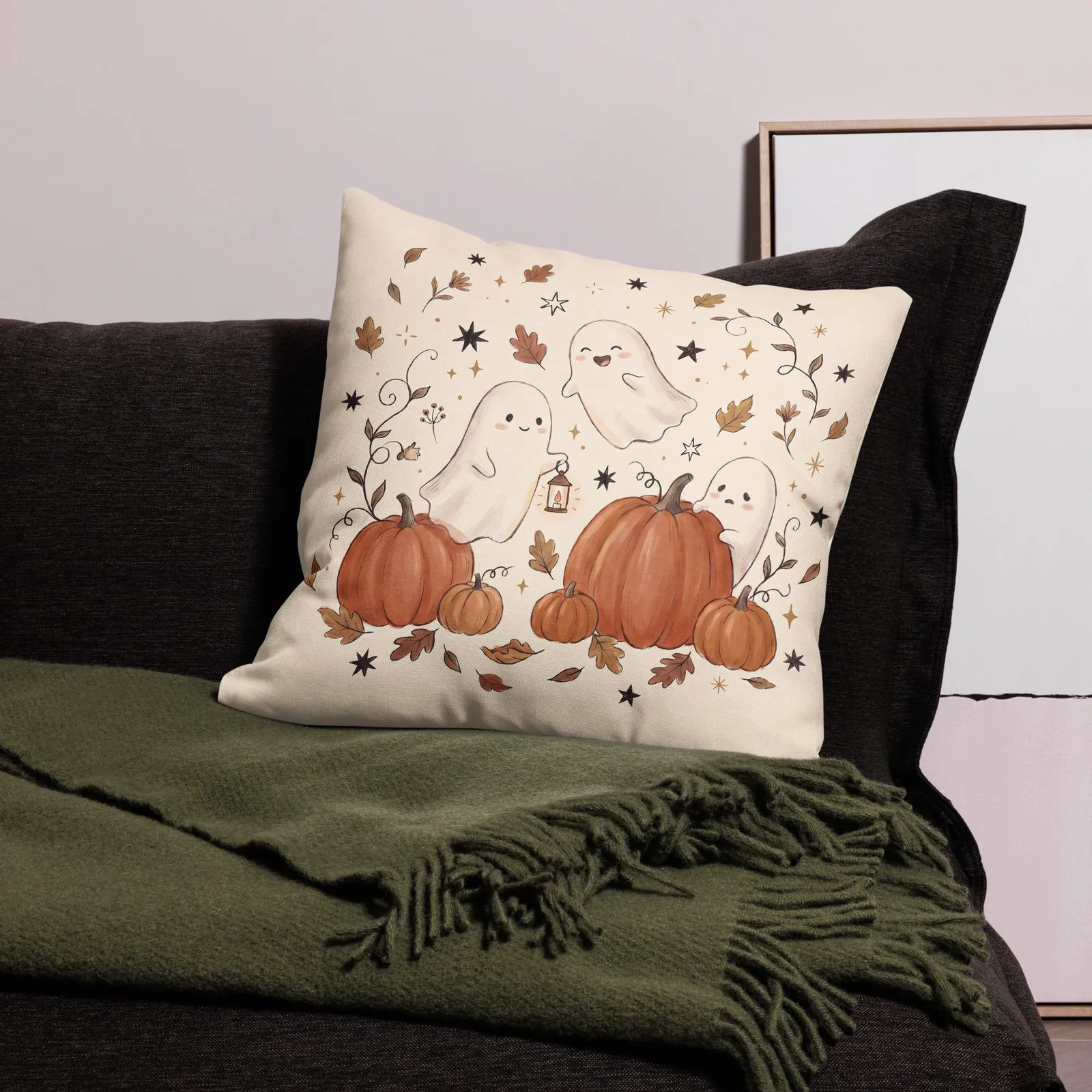 Ghosts & Pumpkins Throw Pillow: Halloween Fall Decor Cushion, photo 10