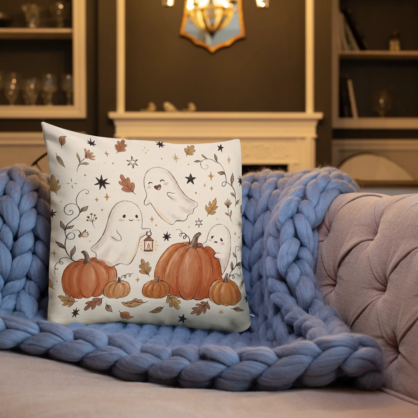 Ghosts & Pumpkins Throw Pillow: Halloween Fall Decor Cushion, photo 6