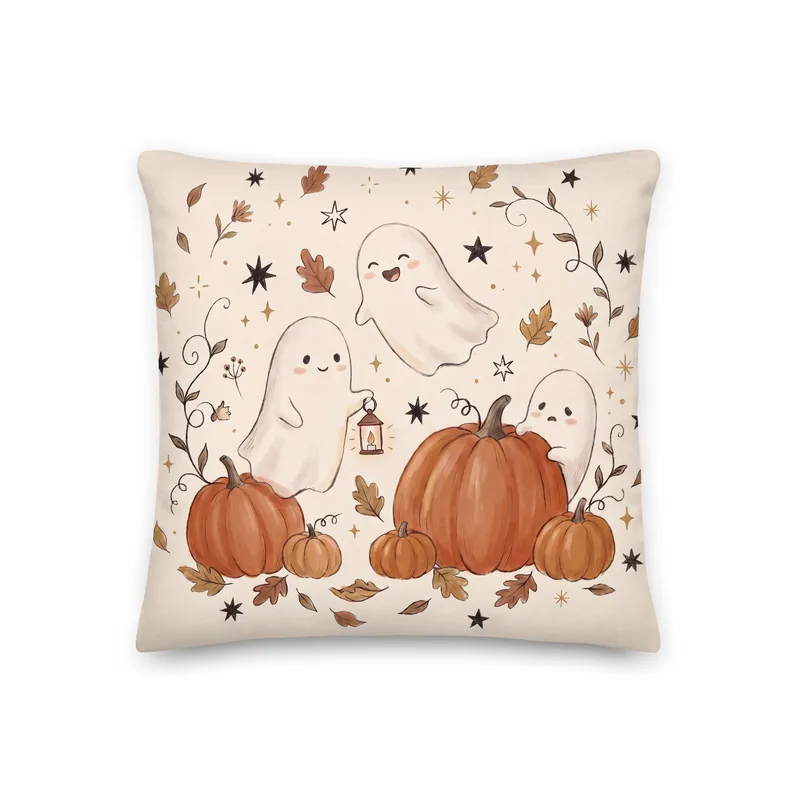 Ghosts & Pumpkins Throw Pillow: Halloween Fall Decor Cushion