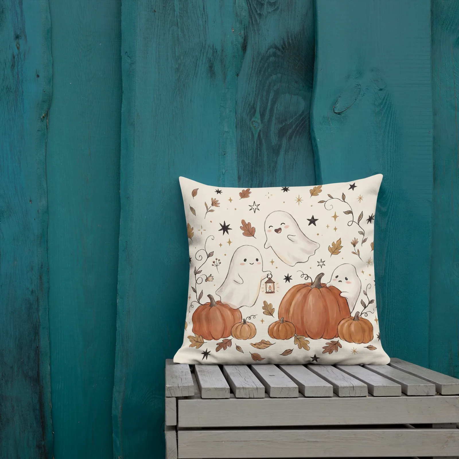 Ghosts & Pumpkins Throw Pillow: Halloween Fall Decor Cushion, photo 4
